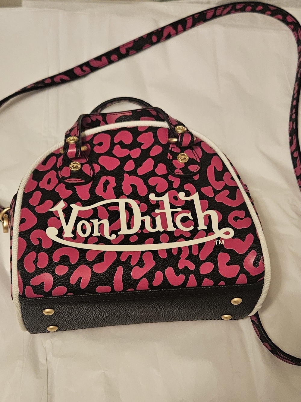 Von Dutch Pink Leopard Print Dome Crossbody Bag